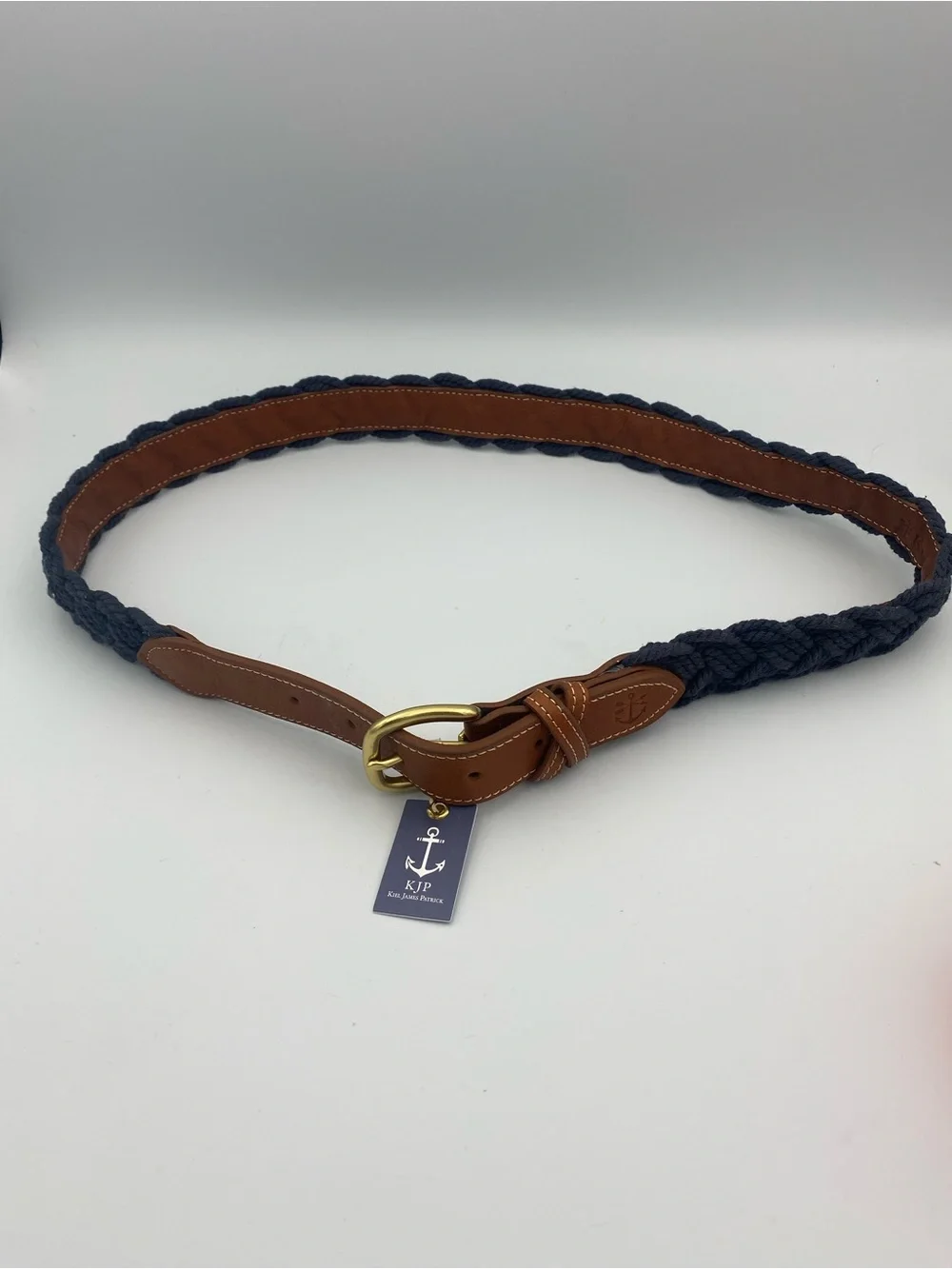 Kiel James Patrick Navy Braided Belt with Brown Leather and Brass Buckle